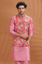 Pink Silk Kurta Pajama with Printed Jacket